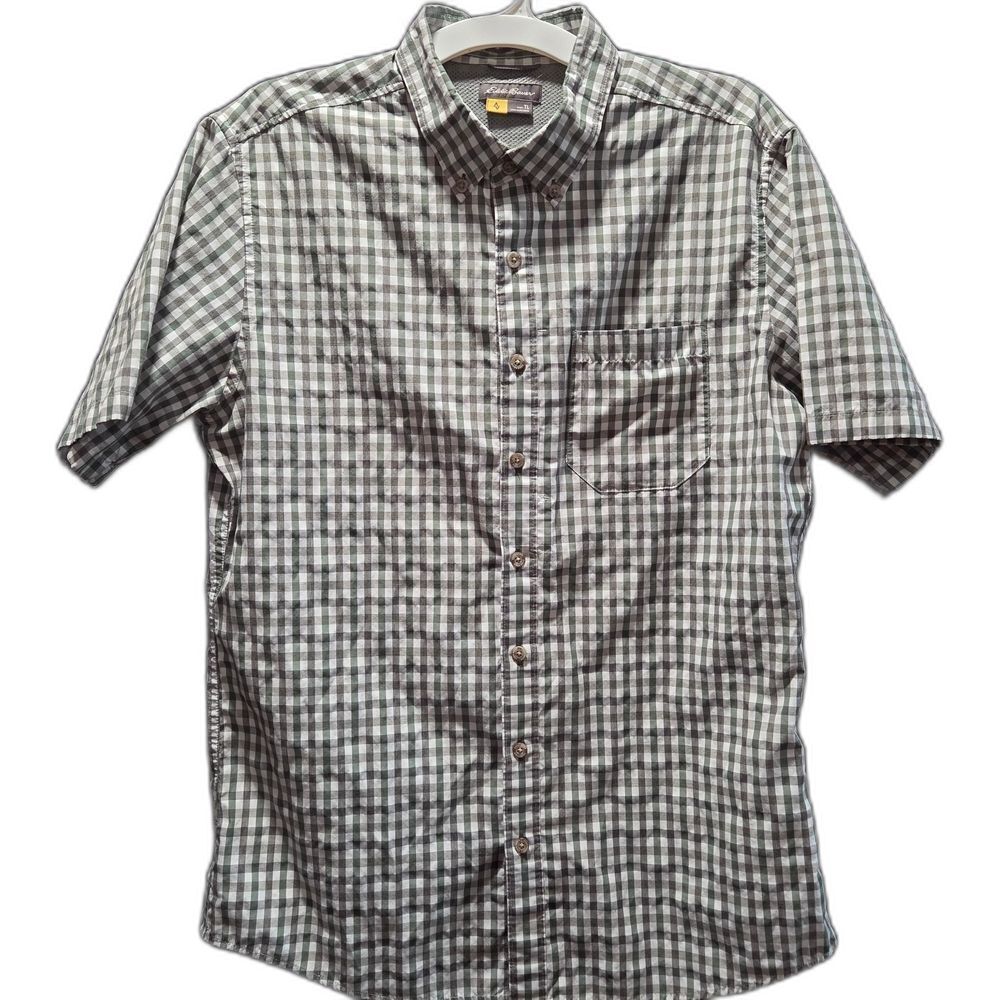 Eddie Bauer Guide Shirt Short Sleeve Utility Sz L Gingham Button Down Ventilated